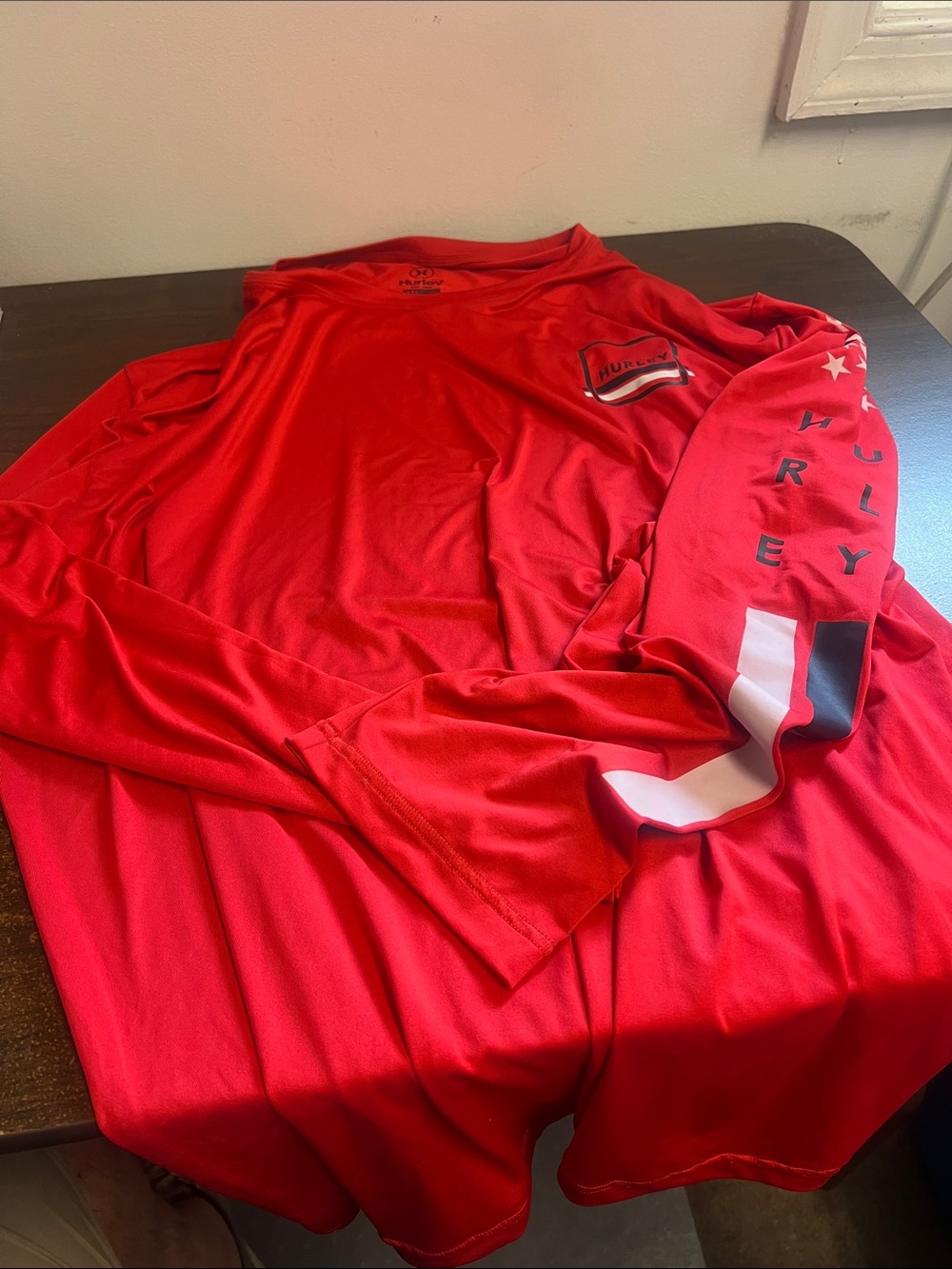 Hurley Men's Long Sleeve Athletic Tee in Bright Red with Sleeve Graphics